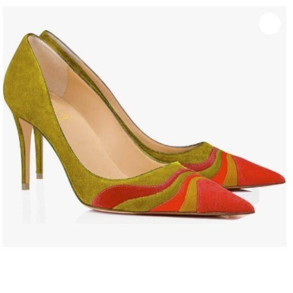 FOWT Women Kitten Pumps High Heel Pointed Toe Pump Slip-on Rainbow Shoes Red